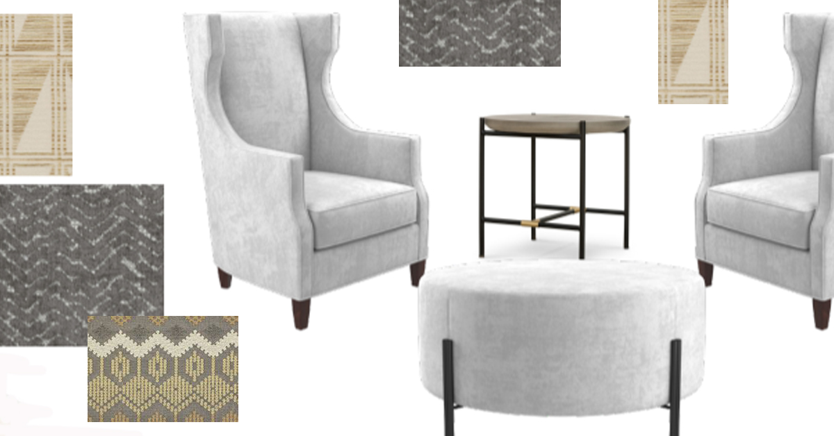 Apartment renovation inspiration board with sample chairs, table, ottoman, and color swatches.